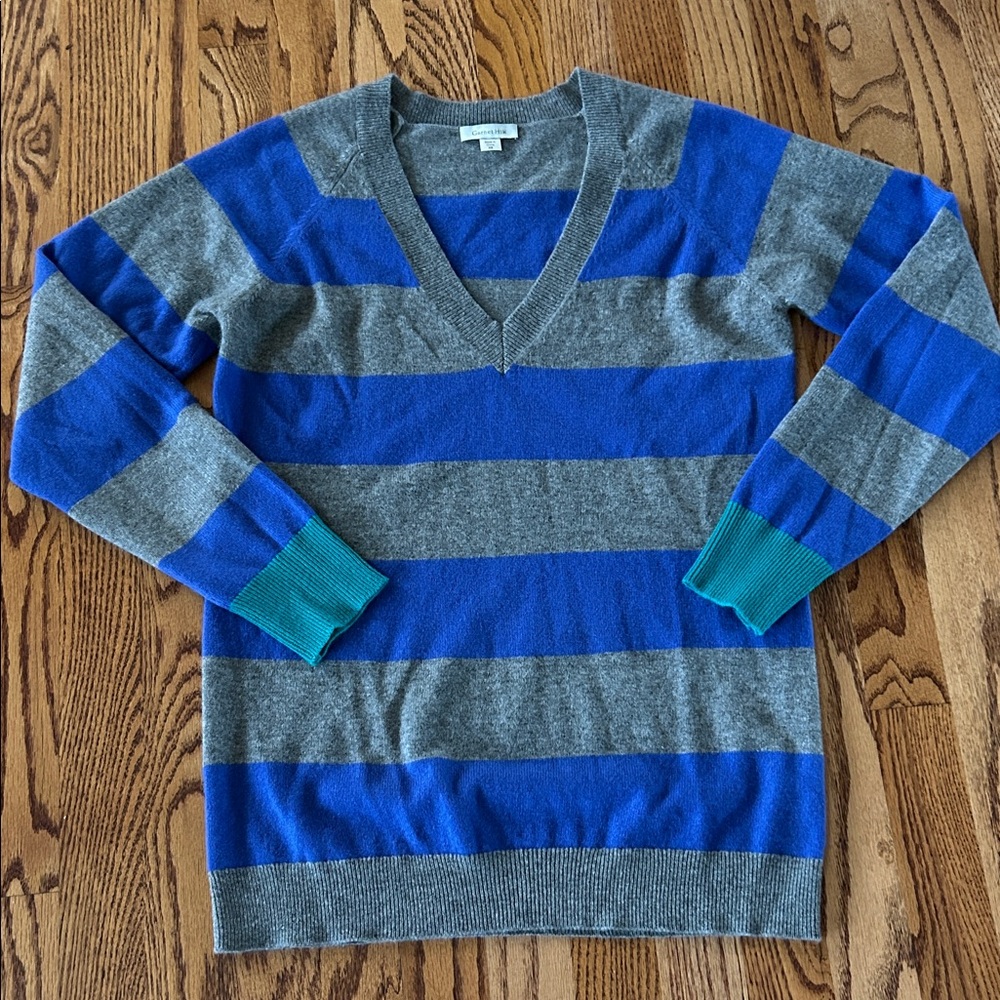 Garnet Hill 100% Cashmere Sweater Gray Blue Stripe XS